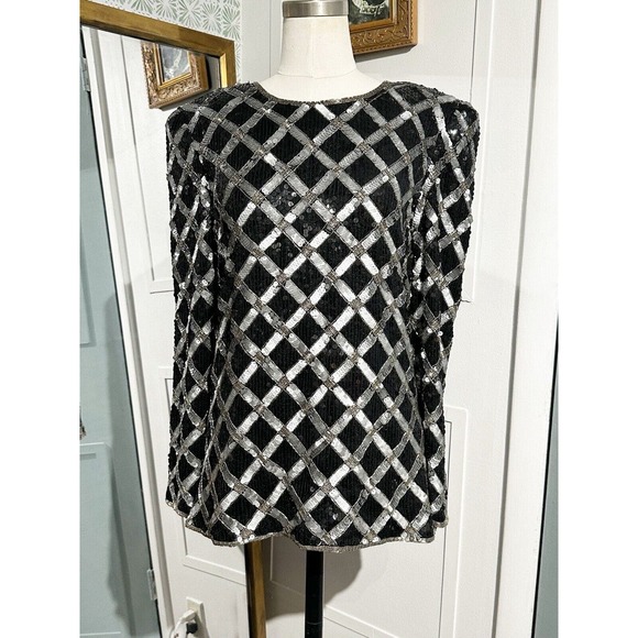 Vintage Talbots Joan Leslie Black Silver Sequin Lined Blouse Size Small - Picture 1 of 8